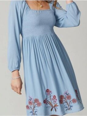 Spartina 449 NEW Mara Smocked Dress Oyster Factory Blue Embroidered Womens S